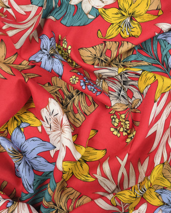 Tissu viscose au mètre : motif tropical fond rouge - Mercerine