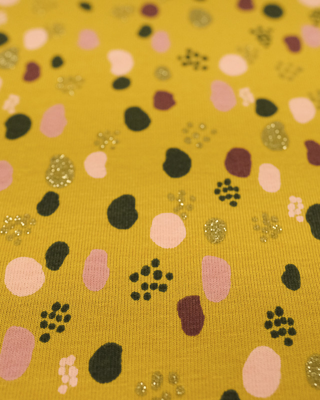 Tissu jersey motif moutarde prune Glitter dots by Poppy - Mercerine