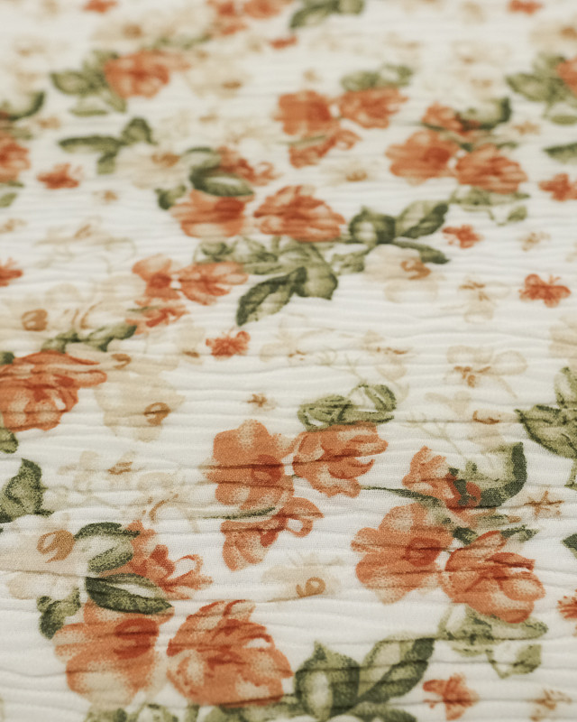 Tissu fleuri en ligne : Voile Froissé Fleurs vintage Ecru - Mercerine