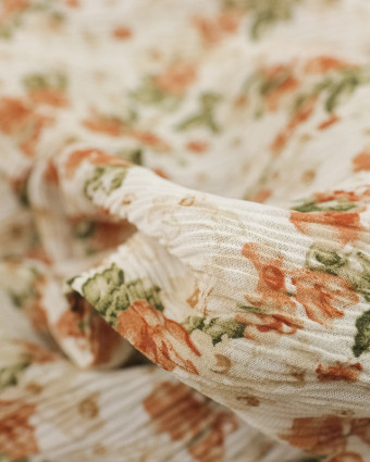 Tissu fleuri en ligne : Voile Froissé Fleurs vintage Ecru - Mercerine