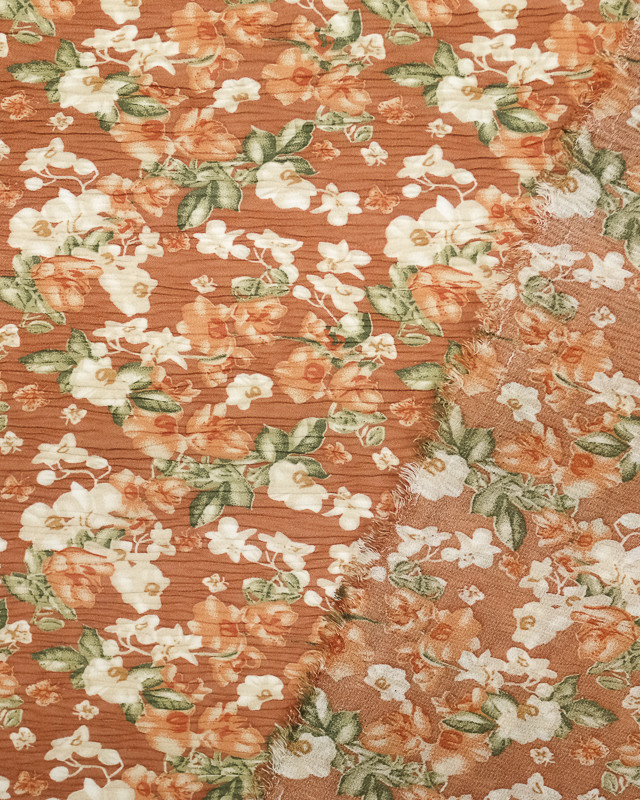 Tissu de saison en ligne : Voile Froissé Fleuri Terracotta - Mercerine