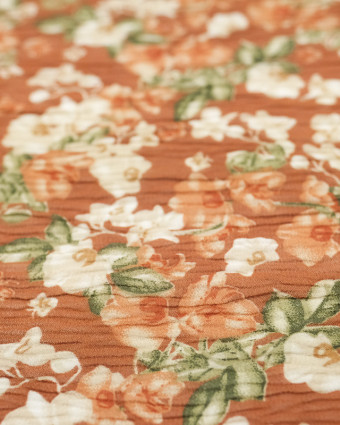 Tissu de saison en ligne : Voile Froissé Fleuri Terracotta - Mercerine