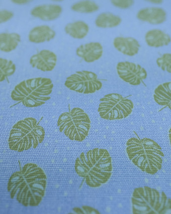 Tissu Coton imprimé feuille monstera fond bleu - Mercerine