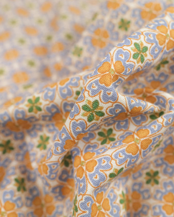 Coton imprimé trèfle mosaïque bleu et orange - 10cm