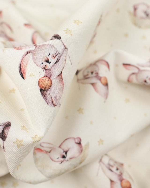 Tissu en ligne : Jersey coton lune et lapin rêveur crème - Mercerine