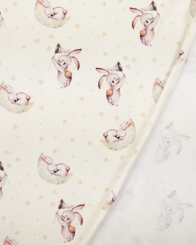 Tissu en ligne : Jersey coton lune et lapin rêveur crème - Mercerine