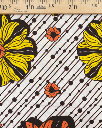 Tissu africain motif fleur jaune orange fond blanc - Mercerine