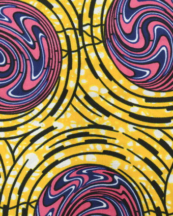 Tissu africain motif graphique cercle rose fond jaune