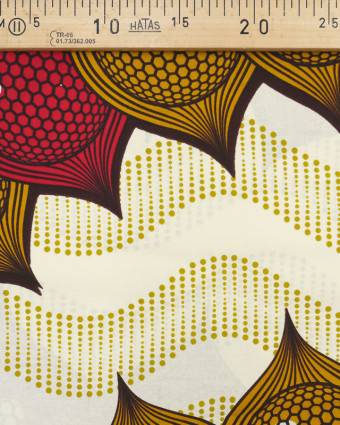 Tissu africain motif graphique rouge orange fond écru - Mercerine