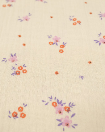 Gaze de coton fleur violet et orange : tissu fleuri - Mercerine