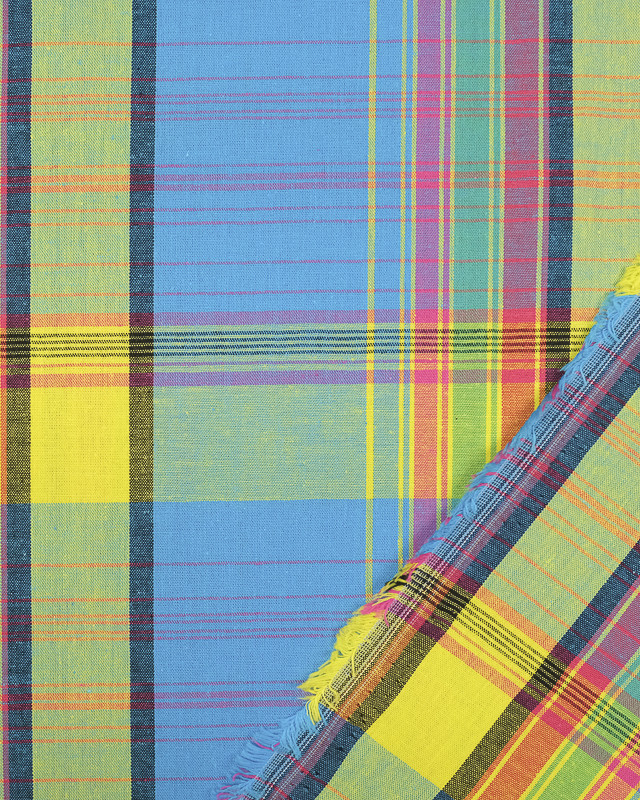 Tissu Madras au mètre : carreaux bleu jaune et rose - Mercerine