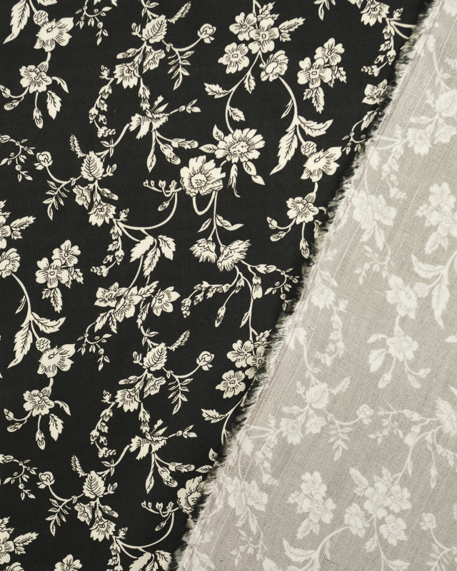 Tissu au mètre : Viscose twill imprimé fleur vintage noir - Mercerine