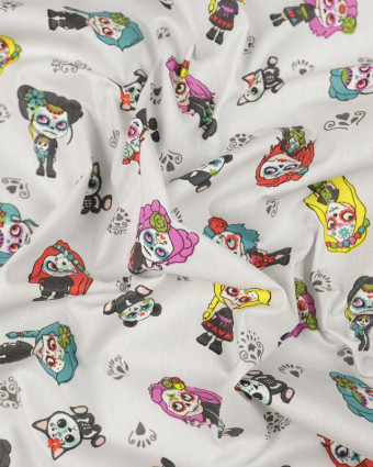 Enduit en coton motif sugar skull gris