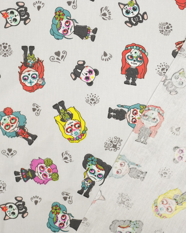 Tissu Enduit en coton motif sugar skull gris - Mercerine