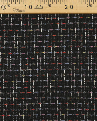 Tissu tweed bouclette noir fils rouge bleu et rose - Mercerine