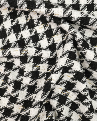 Tissu bouclette tweed pied de poule large noir blanc or