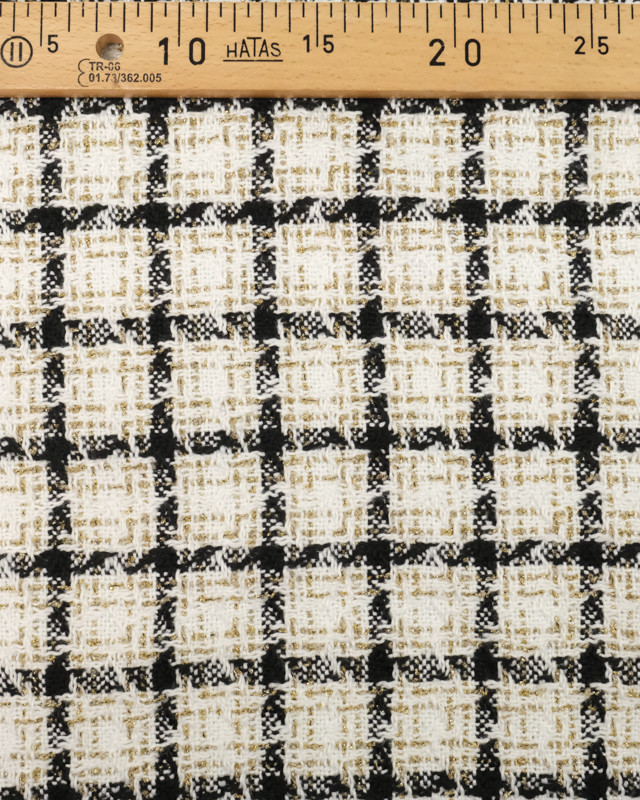 Tissu bouclette tweed ecru carreaux noir et or - Mercerine