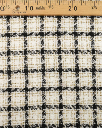 Tissu bouclette tweed ecru carreaux noir et or - Mercerine