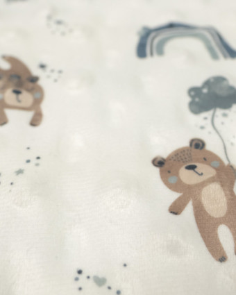 Tissu minky crème : petit ours arc en ciel bleu - Mercerine