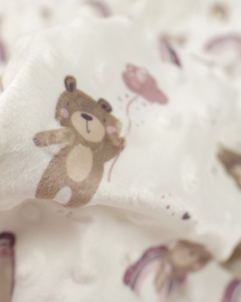 Tissu minky crème : petit ours arc en ciel rose - Mercerine