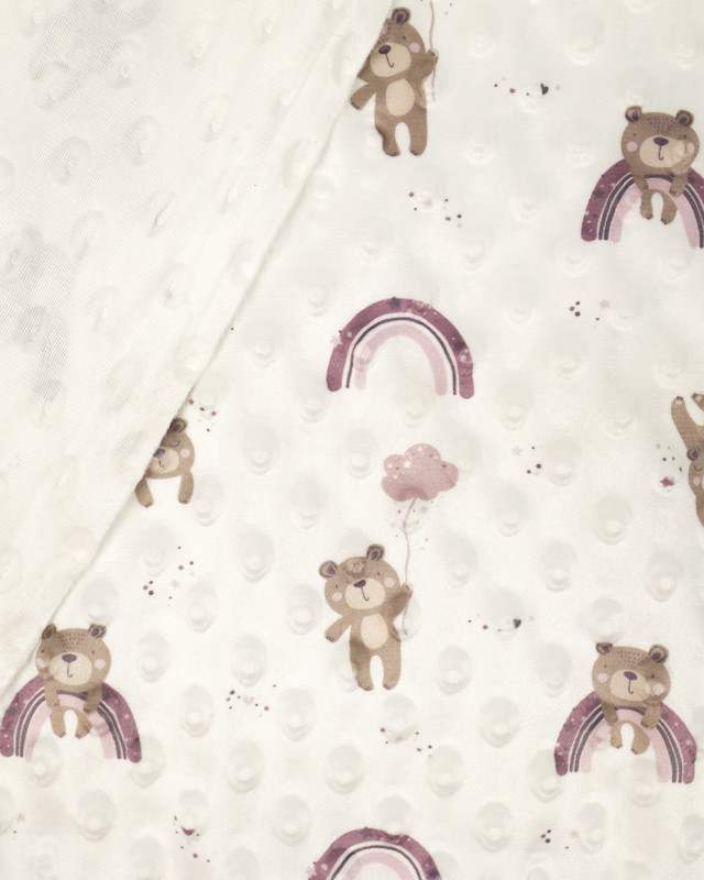 Tissu minky crème : petit ours arc en ciel rose - Mercerine