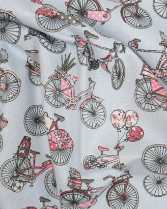 Coton imprimé vélo rose sur fond gris