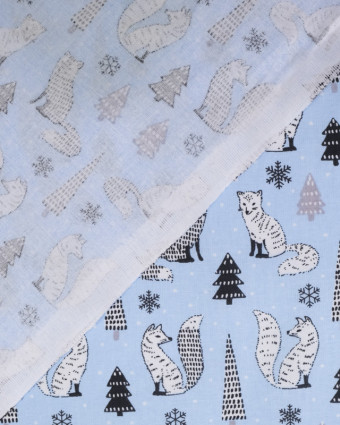 Tissu Cretonne De Coton Renard Des Neiges Bleu Glacier  - Mercerine