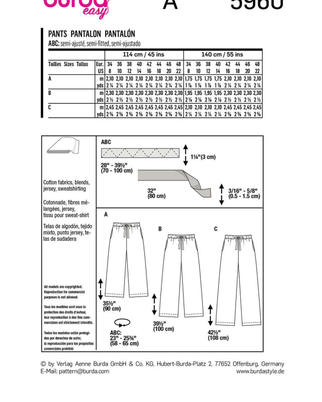 Patron pantalon élastiqué femme - Burda 5960 - Mercerine