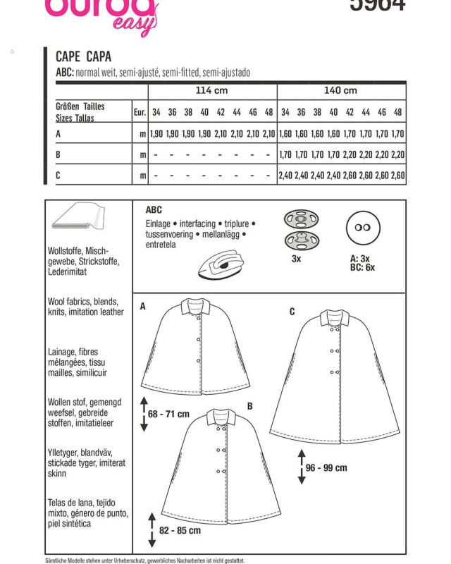 Patron Cape avec col femme - Burda 5964 - Mercerine