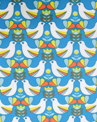 Cretonne De Coton Enduit motif oiseau fond bleu