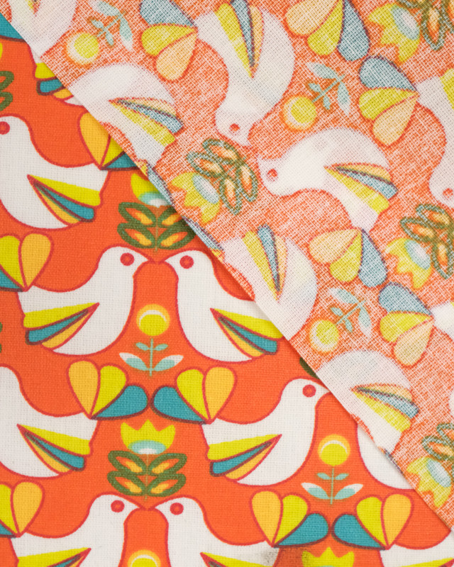 Cretonne De Coton Enduit motif oiseau fond orange  - Mercerine