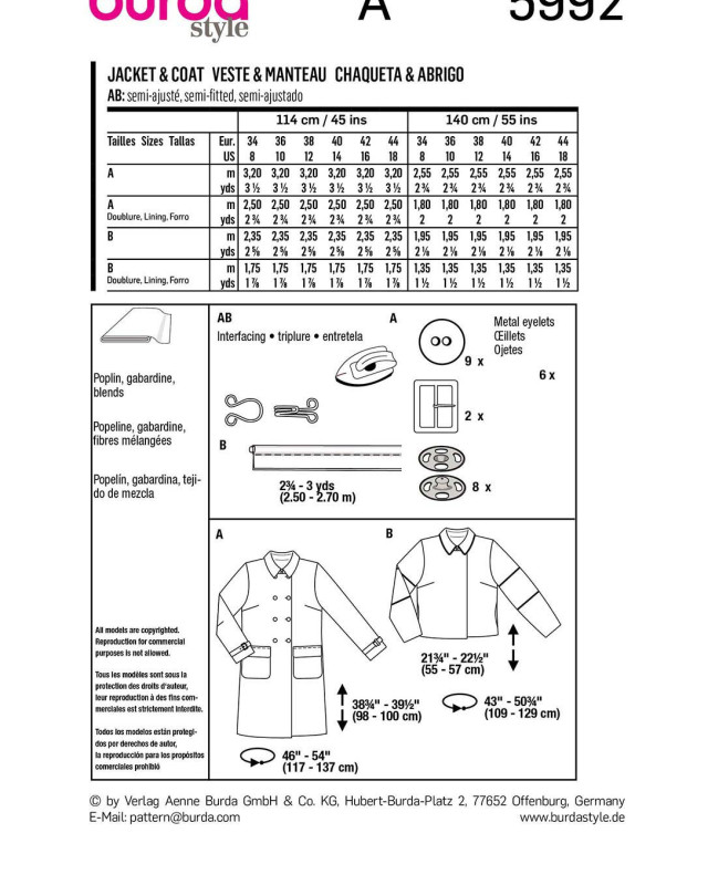 Patron Veste coupe droite femme - Burda 5992 - Mercerine