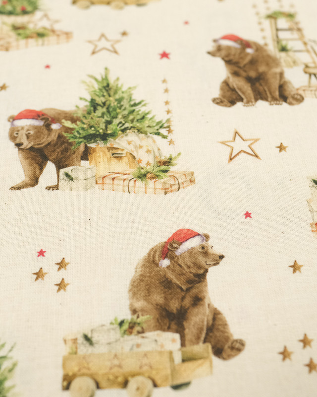 Tissu ours bonnet Noël fond écru Bio OekoTex - Mercerine