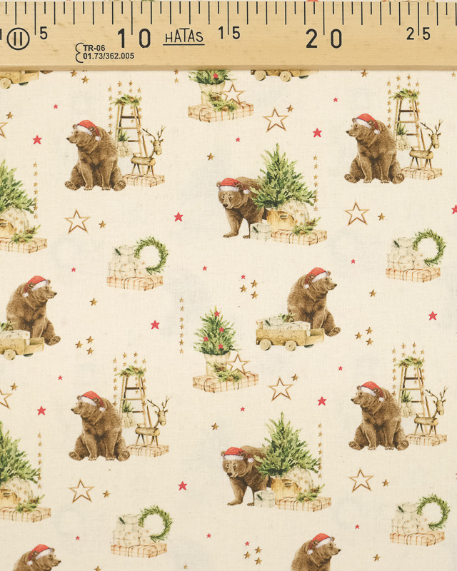 Tissu ours bonnet Noël fond écru Bio OekoTex - Mercerine