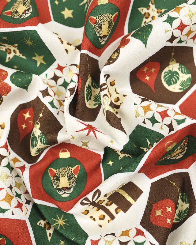 Coton de Noel boulles et étoiles léopard Oeko-Tex