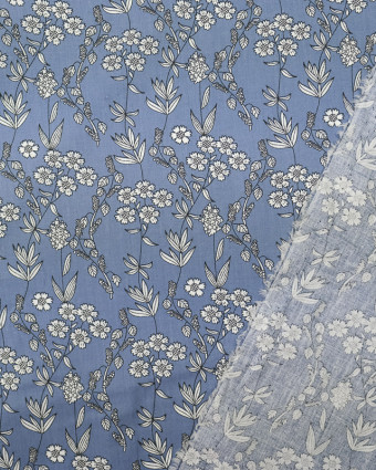 Tissu Cretonne de coton fleur blanc fond bleu gris Eugenie  - Mercerine