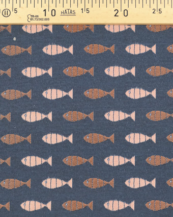 Tissu Jacquard au mètre : Jacquard Poisson Cuivre Marine - Mercerine