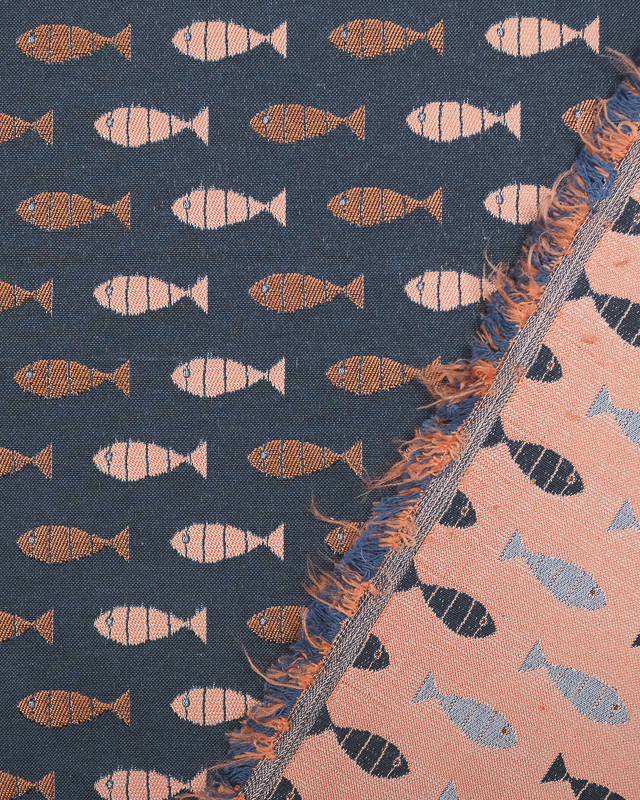 Tissu Jacquard au mètre : Jacquard Poisson Cuivre Marine - Mercerine