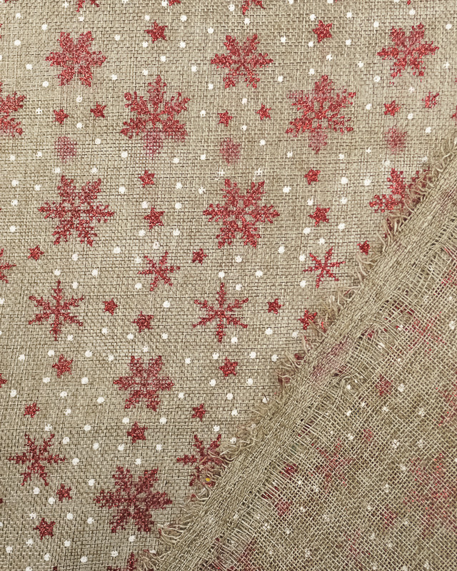 Tissu noel : toile de jute flocon rouge pailleté - Mercerine