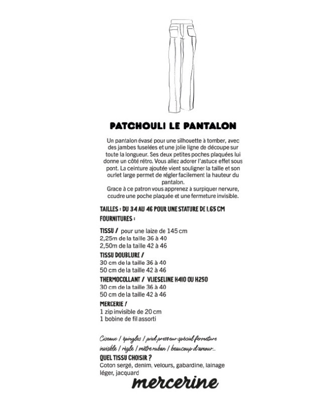 Patchouli le pantalon : patron de couture - Mercerine