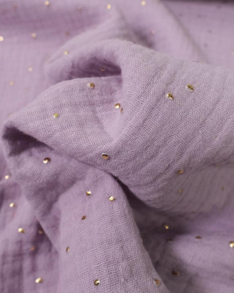 Tissu au mètre : Double gaze de coton Pois Doré Lilas - Mercerine