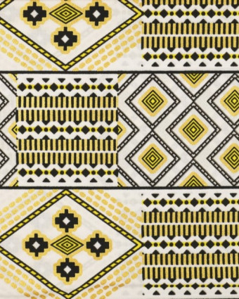 Tissu wax lurex motif graphique noir jaune sur fond blanc - Mercerine