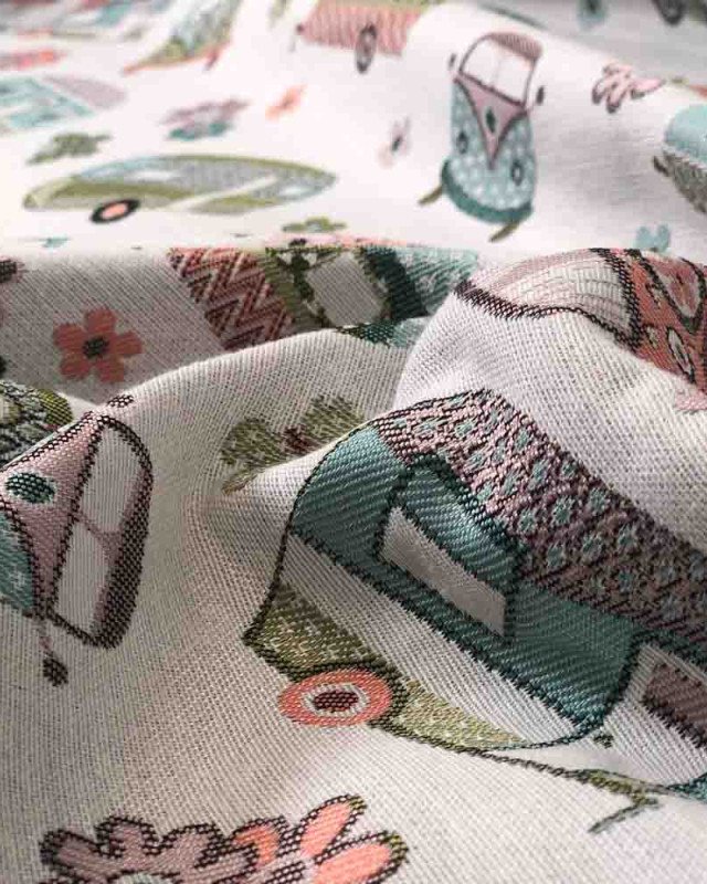 Tissu jacquard Van et Caravane Retro - Mercerine