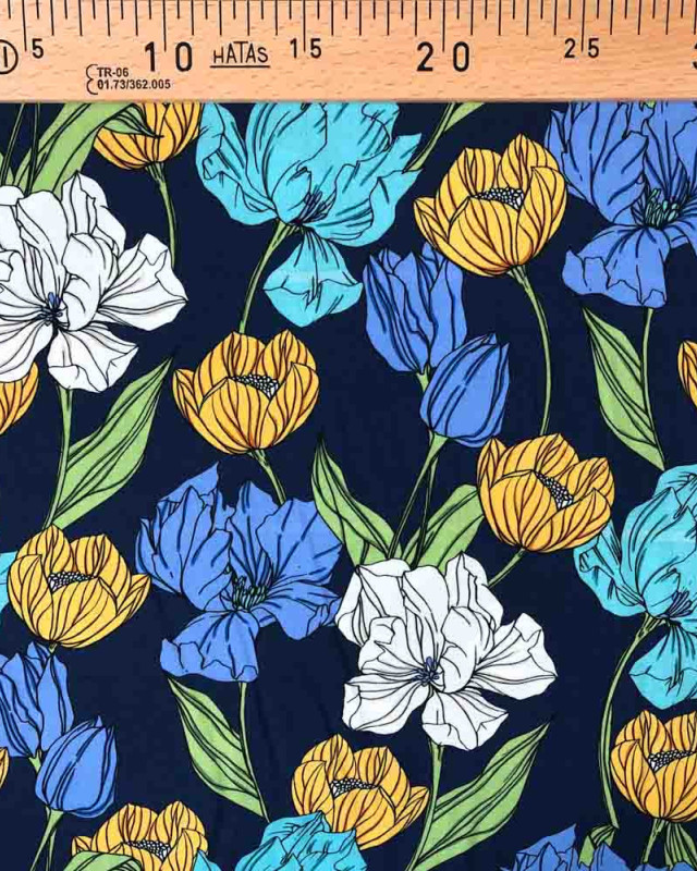 Viscose imprimée de fleurs larges bleues - Magasin tissu - Mercerine