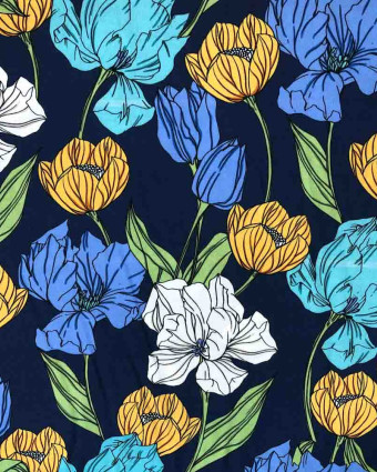 Viscose imprimée de fleurs bleues, vertes et jaunes - Mercerine