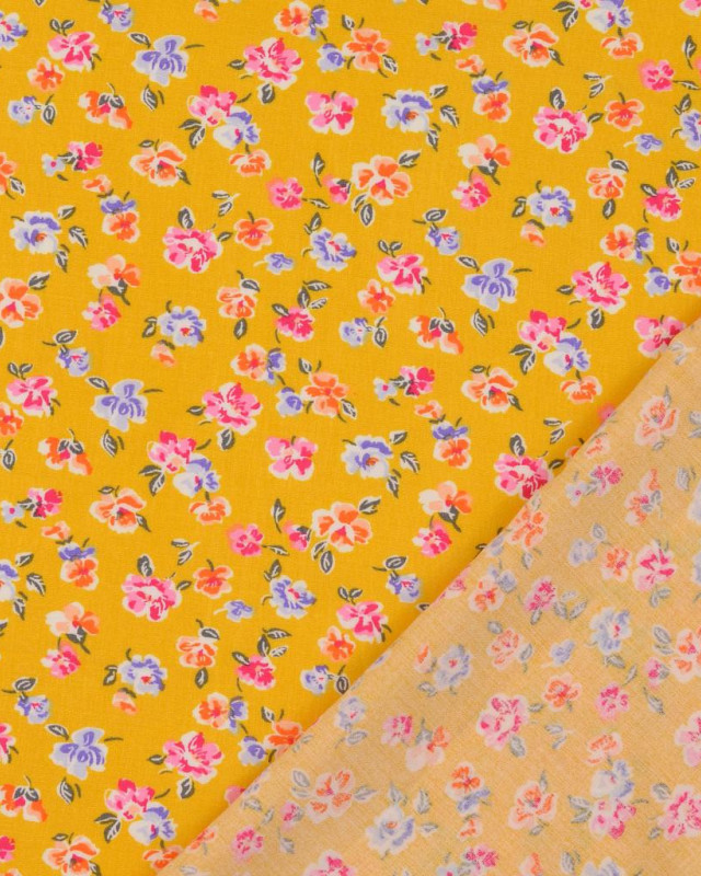 Tissu Popeline De Viscose Jaune Petites Fleurs Fond Jaune - Mercerine