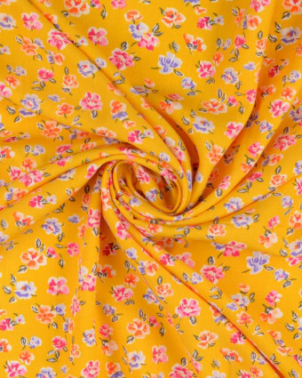 Popeline De Viscose Jaune Petites Fleurs Fond Jaune - Mercerine