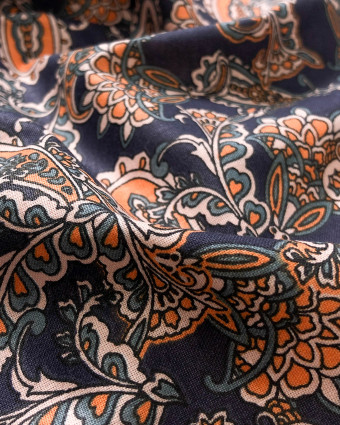 Coton Fleurs Arabesque Orange fond Marine Oekotex - Mercerine