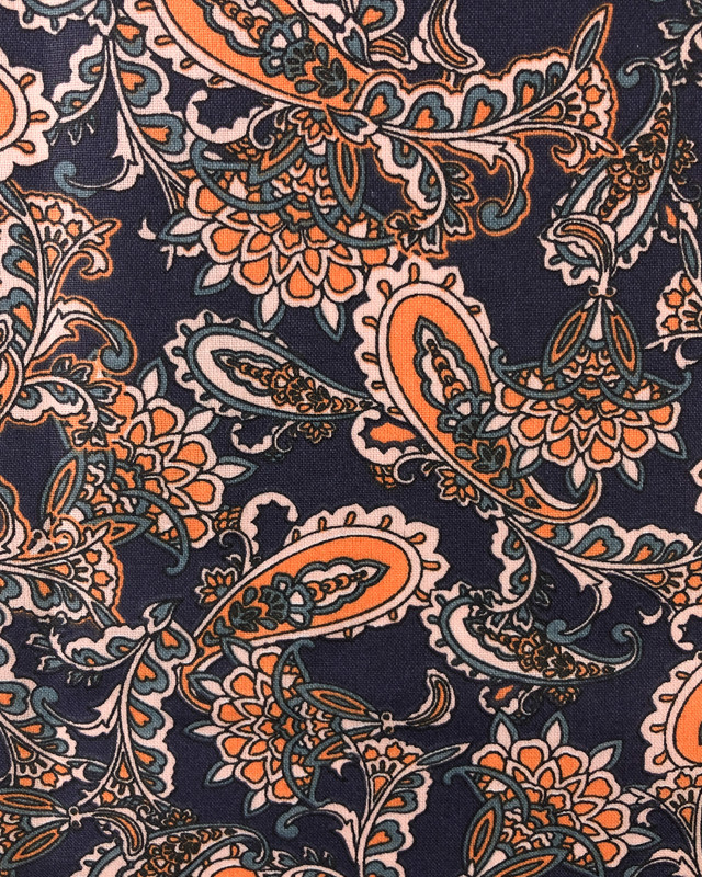 Coton Fleurs Arabesque Orange fond Marine Oekotex - Mercerine