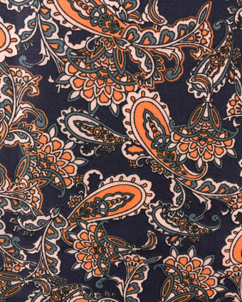 Coton Fleurs Arabesque Orange fond Marine Oekotex - Mercerine